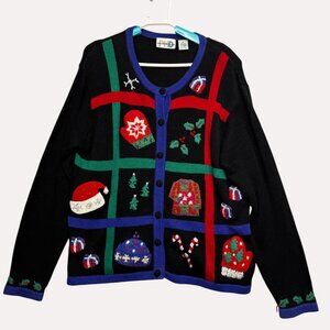 Paul Harris Cardigan Sweater XL Design Black Festive Patterns  Xmas Themed